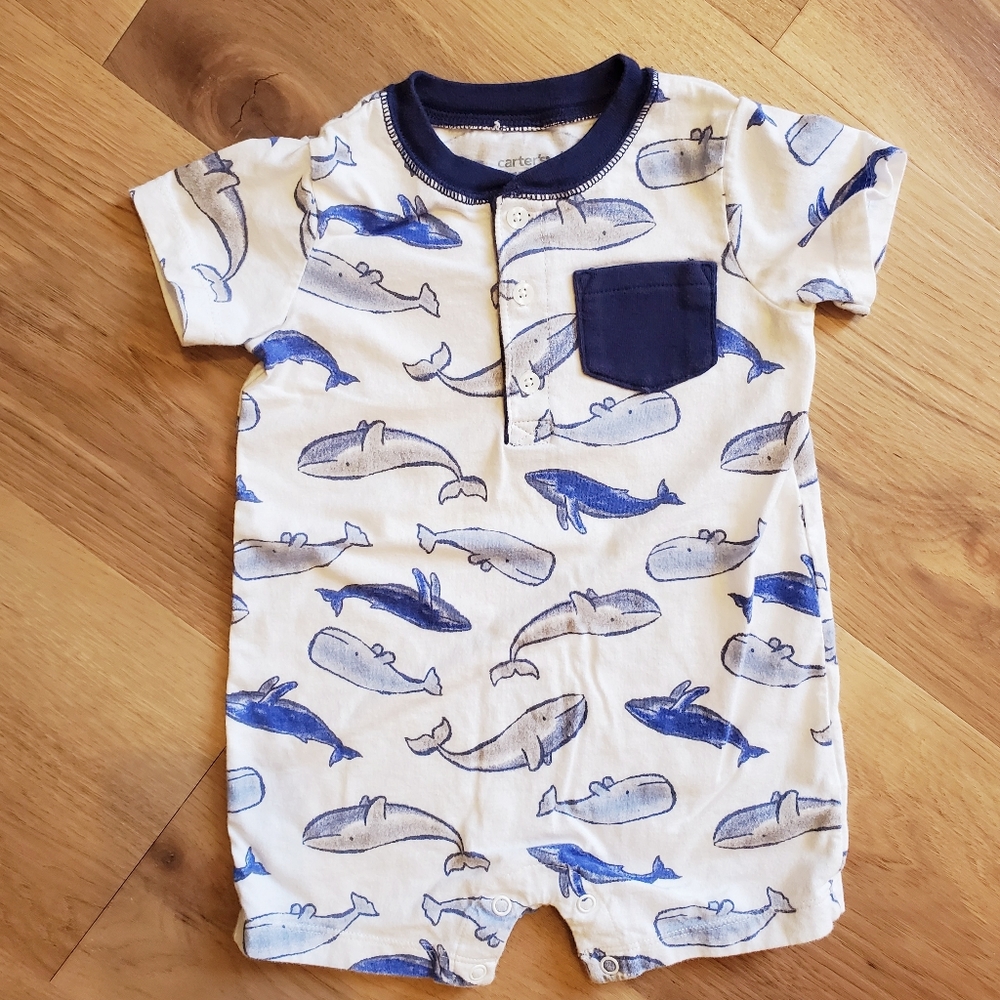 Carter's EUC Ocean Whale Cotton Pocket Romper • 18M Baby Boy
